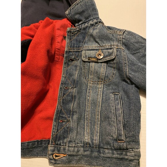 Jean Denim Jacket Boys M 5/6 LEE Pipes Hooded Fleece Lined Warm Coat Patches Y2K - Picture 15 of 16